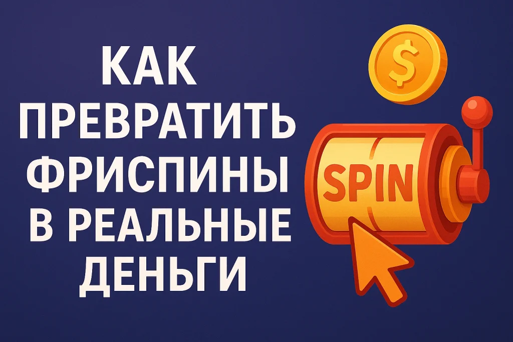Слот с надписью «SPIN» и монетой на фоне текста «Как превратить фриспины в реальные деньги»