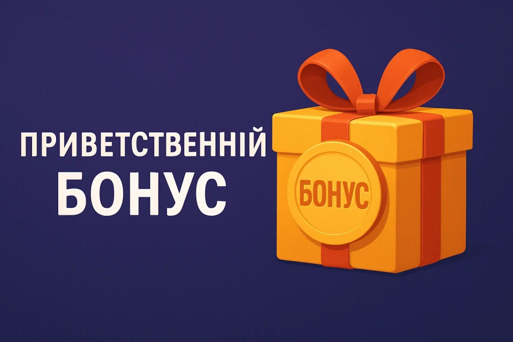 Подарочная коробка с лентой и значком «Бонус» на фоне надписи «Приветственный бонус»