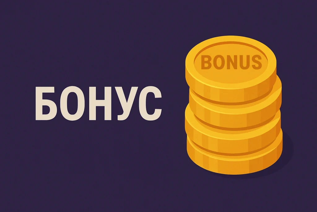 Надпись «Бонус» и стопка золотых монет на тёмно-фиолетовом фоне