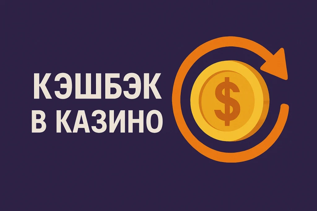 Надпись «Кэшбэк в казино» с золотой монетой и оранжевой стрелкой возврата на фиолетовом фоне