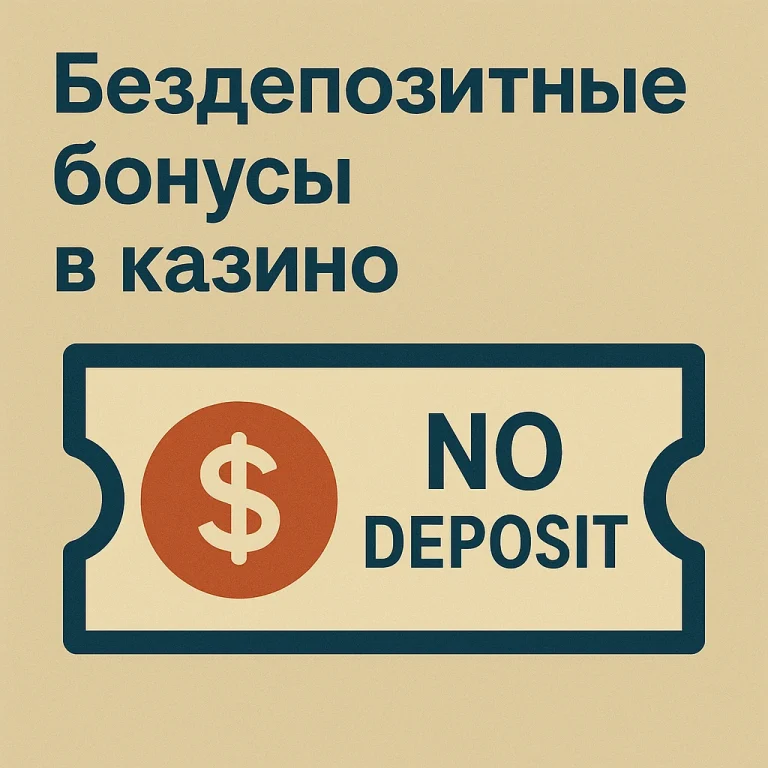 Купон с надписью 'NO DEPOSIT' и символом доллара рядом с текстом 'Бездепозитные бонусы в казино
