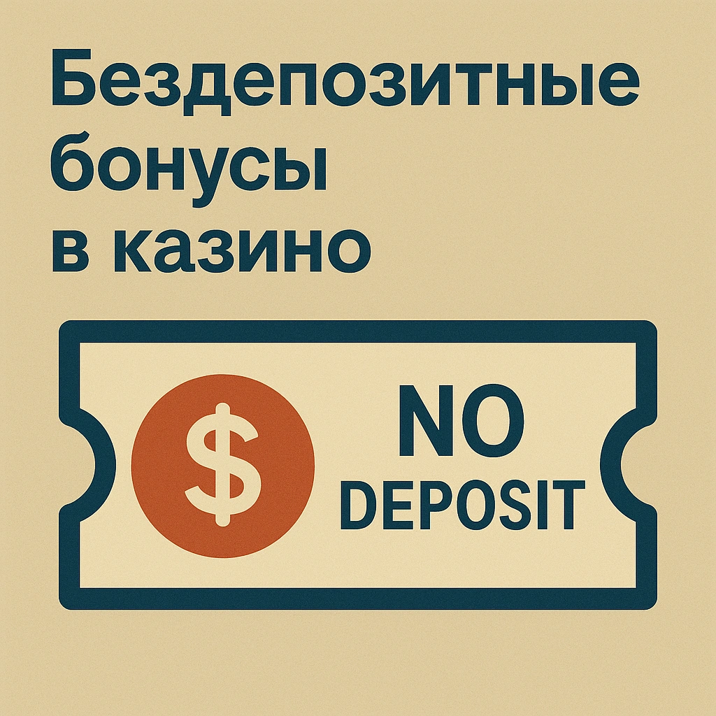 Купон с надписью 'NO DEPOSIT' и символом доллара рядом с текстом 'Бездепозитные бонусы в казино